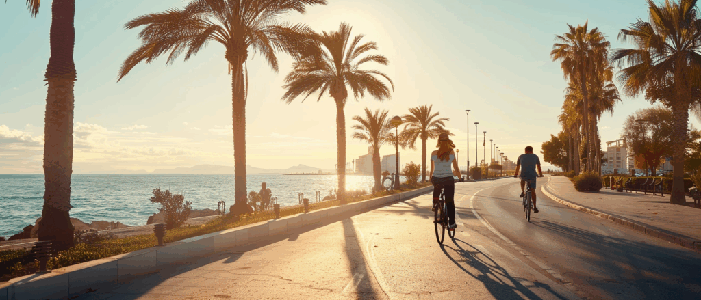 Dos ciclistas por el paseo marítimo entre palmeras al atardecer